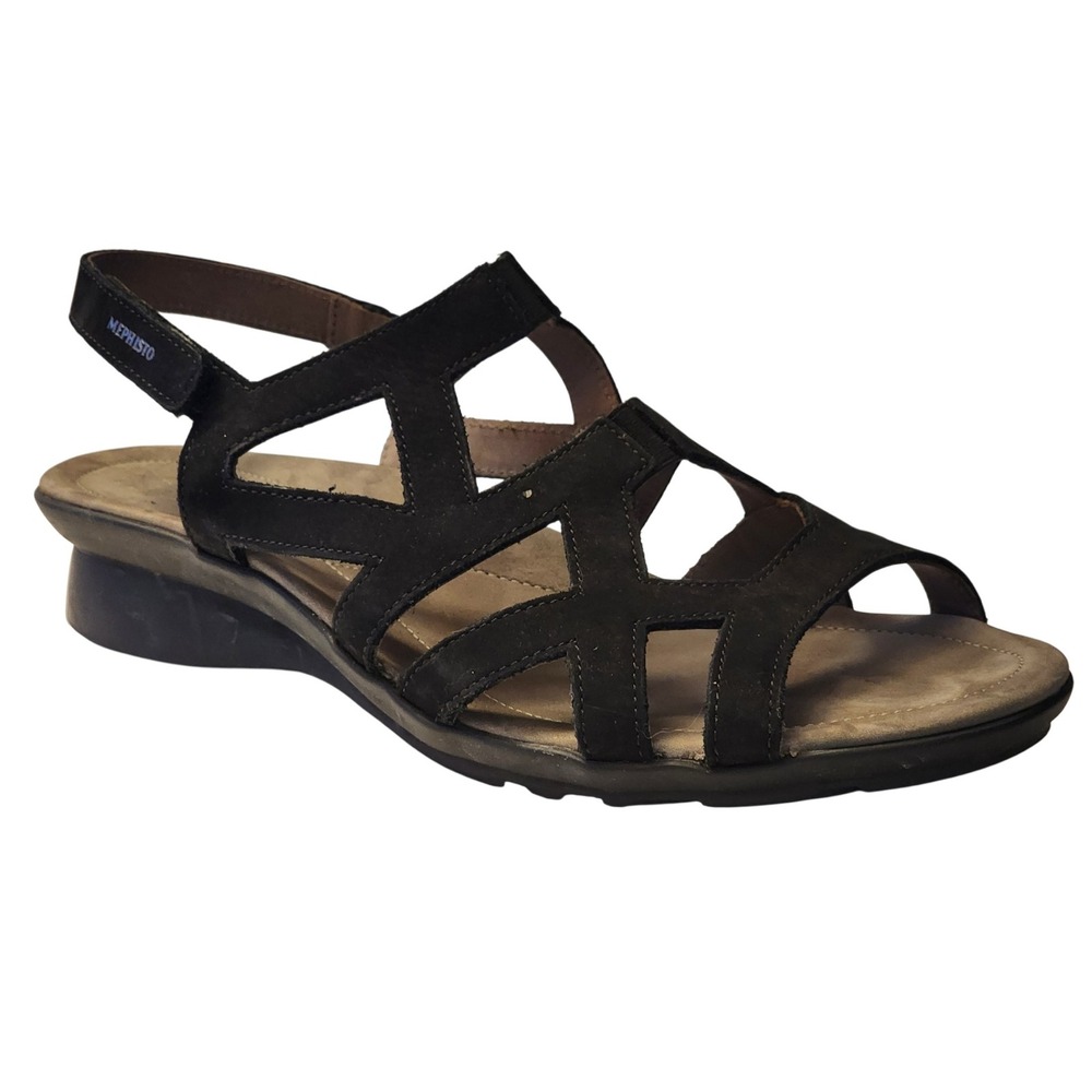 Mephisto Pamela Black Nubuck Leather Strappy Slingback Wedge Sandals Size 41
